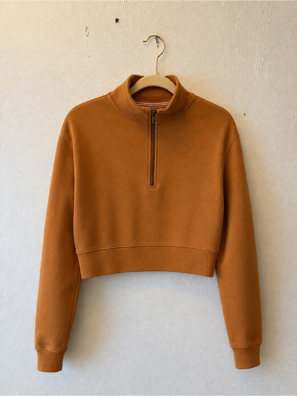 The Normal Brand Ochre Rust Brown Cropped Quarter Zip Sweatshirt Oversized S - Picture 2 of 6